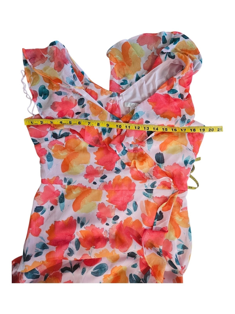 London Times Floral Ruffle Wrap High-Low Dress in Pink and Orange Size 12 Petite - Picture 6 of 8